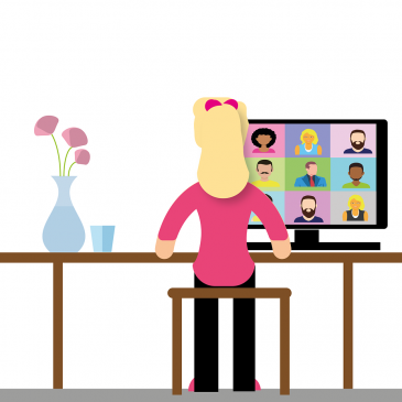This is an illustrated image of the back of a woman who is wearing a bright pink shirt and has long blonde hair and is wearing black pants. She is seated at a desk or table and is attending a video chat meeting with a bunch of her direct reports. The image shows numerous distinct diverse faces. The image is shown in keeping with our leadership coaching firm's blog post about effective virtual leadership